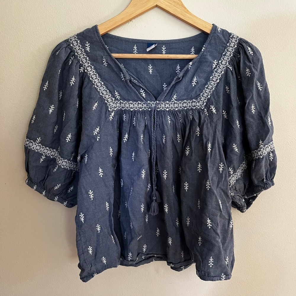 Old Navy Blue Embroidered Peasant Blouse Tassel Tie Puff Sleeve Top Size M
